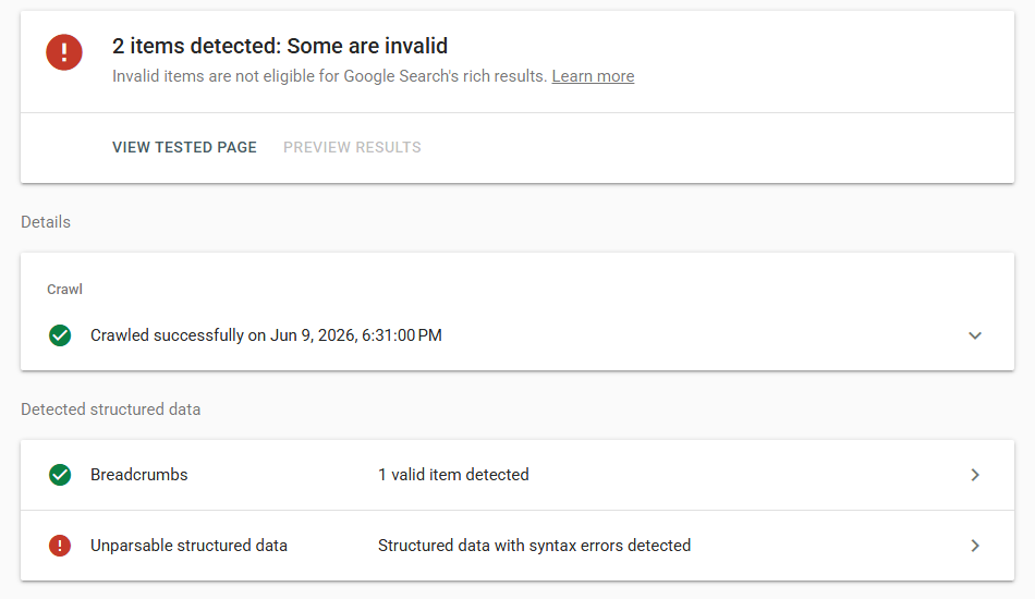 Google Rich Results Test result for flamingoestate.com showing 'Unparsable structured data' verdict